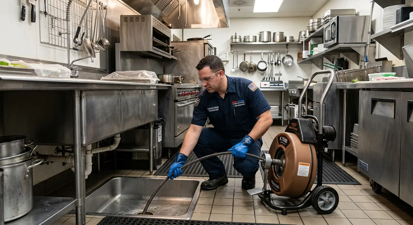 Commercial drain cleaning service in a restaurant kitchen in Countryside
