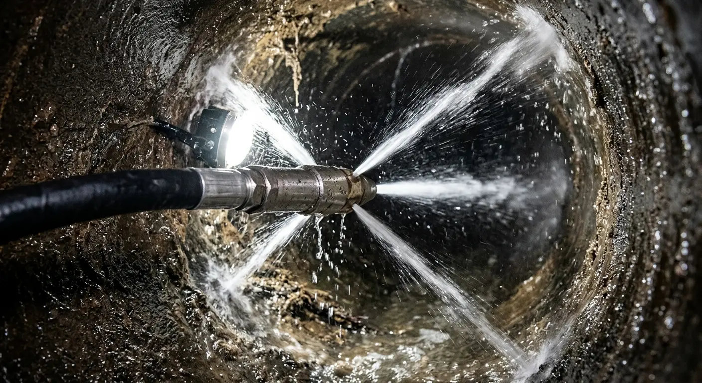 High-pressure hydro jetting nozzle cleaning sewer pipe for Trenchless Sewer Repair in Countryside