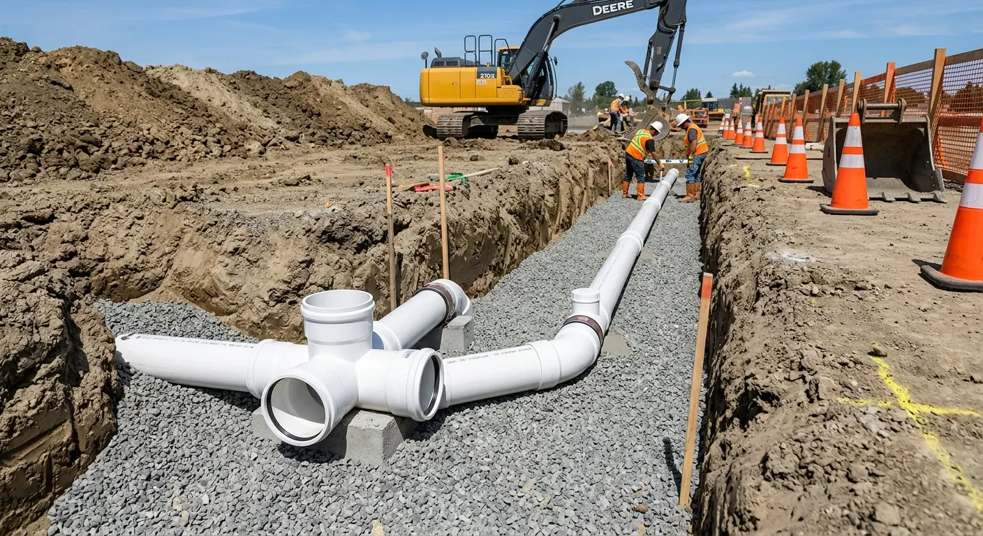 New PVC sewer pipe installation in open trench for Sewer Backup in Countryside
