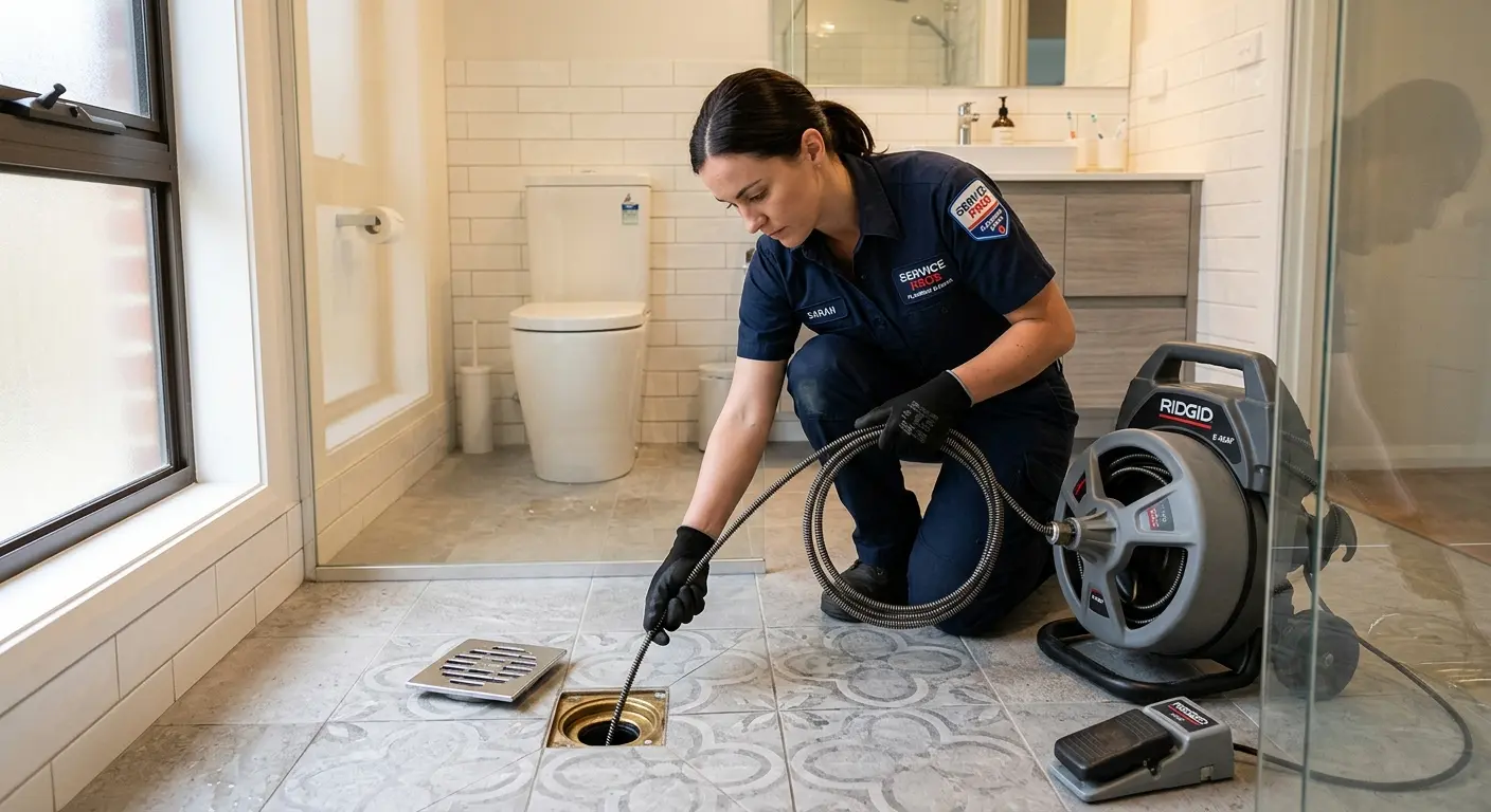 Technician clearing a bathroom floor drain for Sewer Line Replacement in Countryside